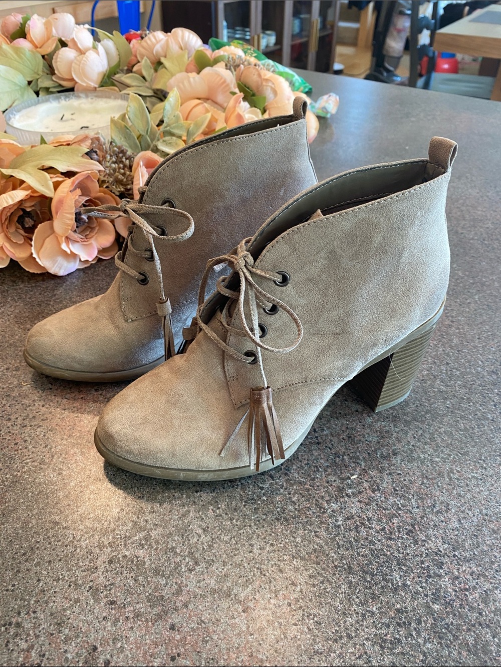 a.n.a Taupe Suede Lace-Up Ankle Booties with Tassels